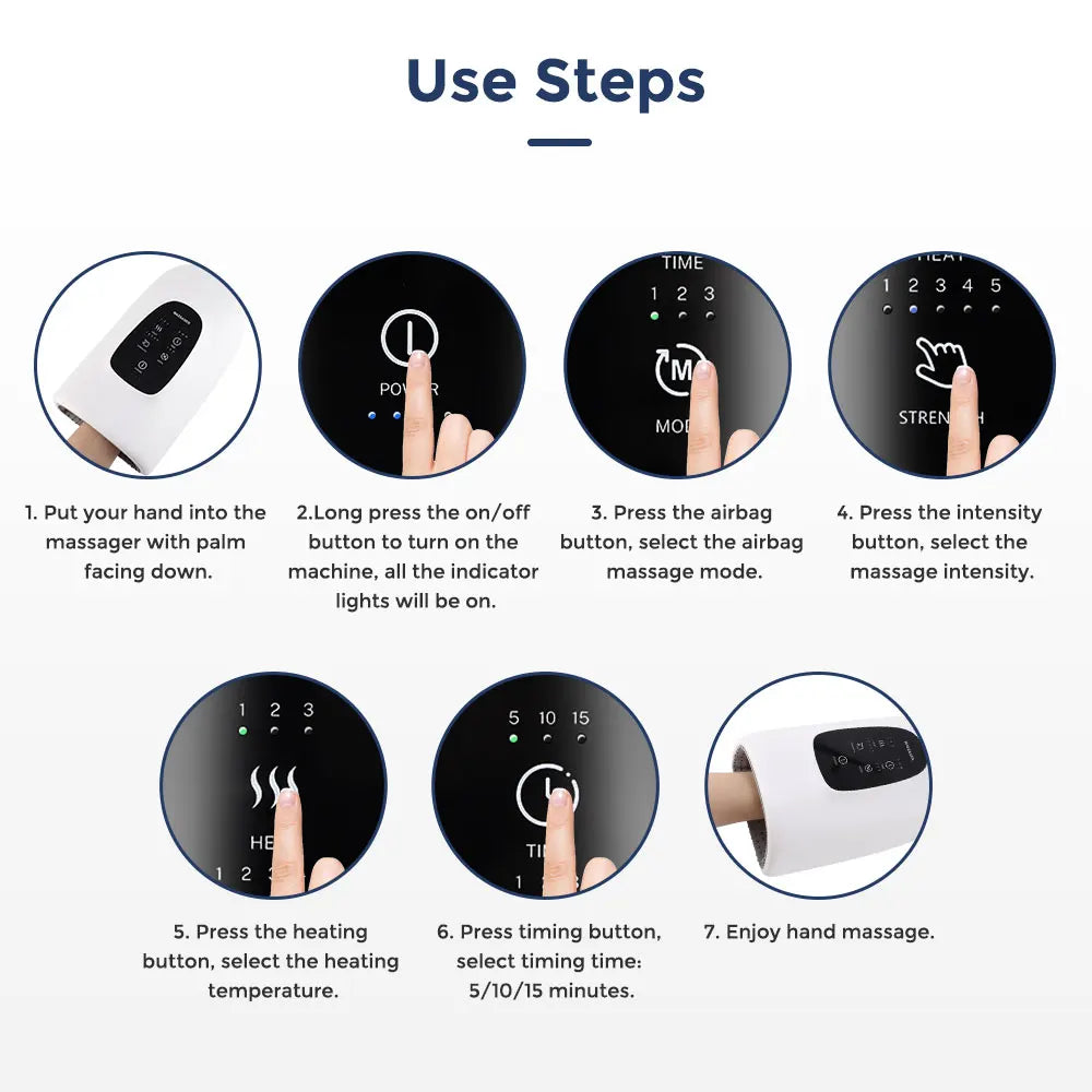 How to use the BS Pro EB&AH Wireless Hand Massager: setup, mode selection, intensity adjustment, and relaxing massage.