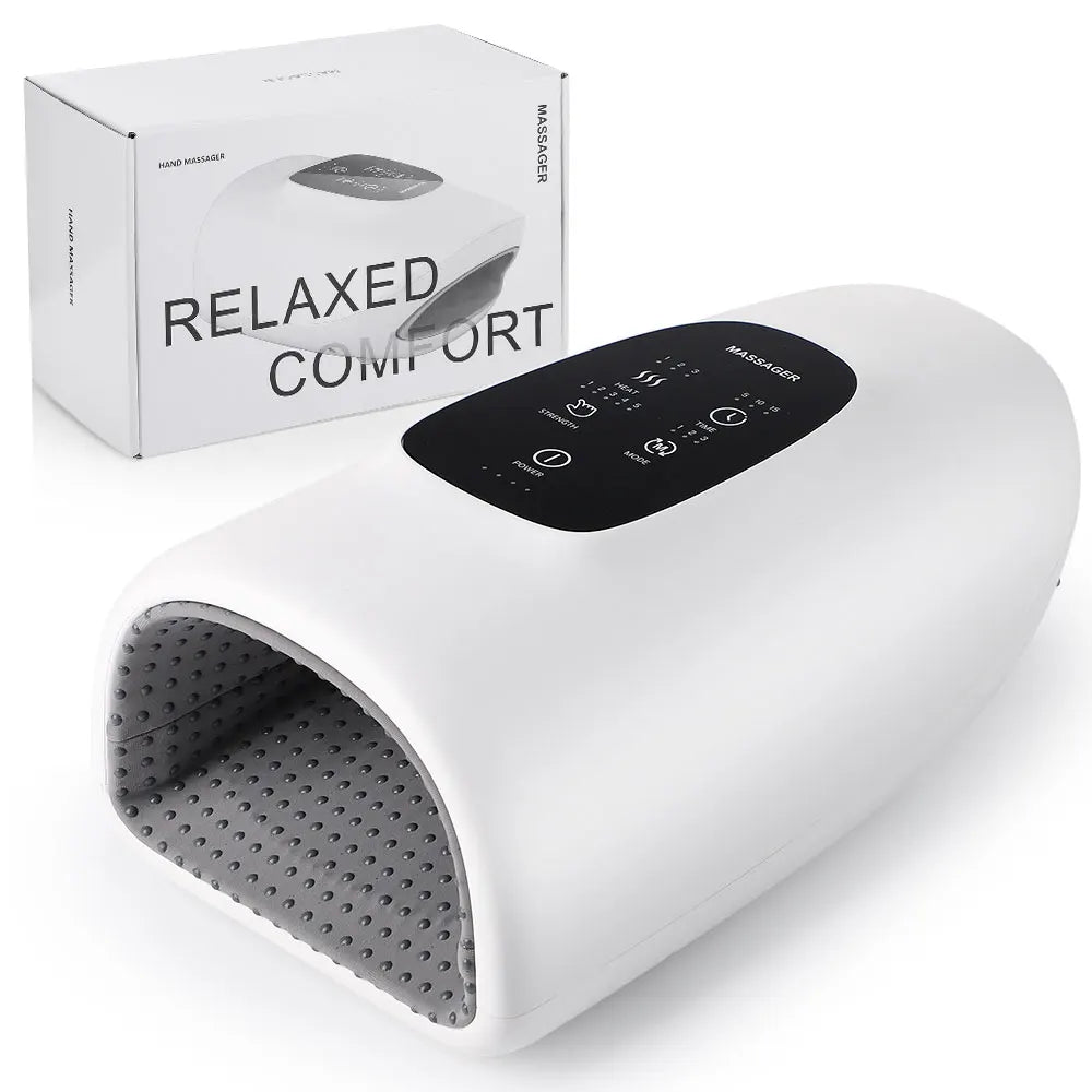 Wireless hand massager with heat therapy and acupressure for arthritis relief, numbness reduction, and muscle relaxation.