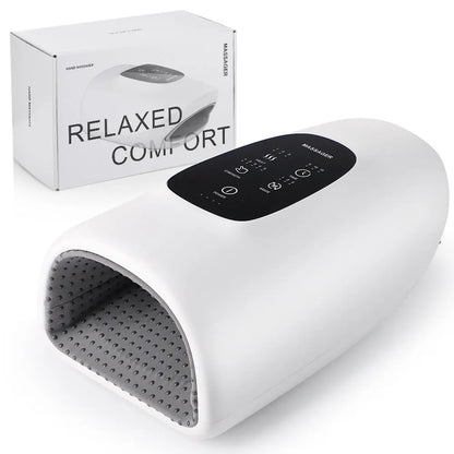 Wireless hand massager with heat therapy and acupressure for arthritis relief, numbness reduction, and muscle relaxation.