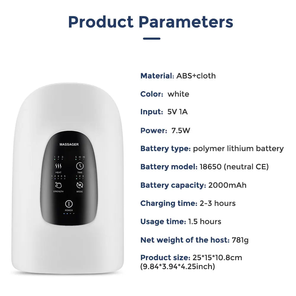"Clear display of Wireless Hand Massager product parameters for easy user reference, showcasing key features and specifications.