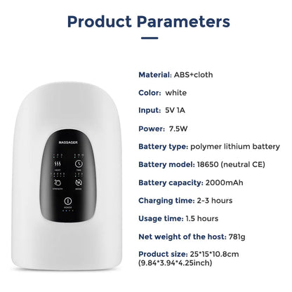 "Clear display of Wireless Hand Massager product parameters for easy user reference, showcasing key features and specifications.