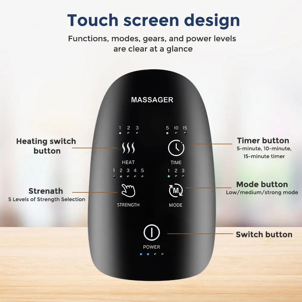 Touchscreen display with five functional buttons for controlling modes, intensity, heat, timer, and power on the Wireless Hand Massager.