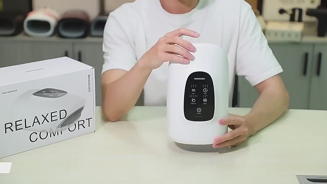 Demonstration of wireless hand massager setup, mode selection, and using heat therapy for muscle and arthritis relief.