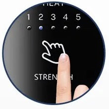 Adjusting massage intensity by pressing the intensity button on the device.