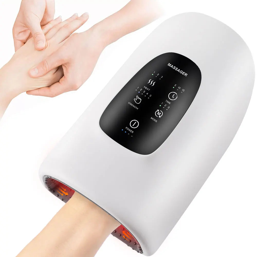 Wireless hand massager offering deep tissue compression, heat therapy, and acupressure for muscle and arthritis relief.